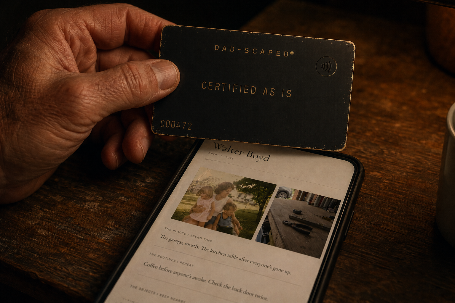 A hand holds a numbered Dad-Scaped card with a contactless symbol above a phone showing a member's open archive entry.